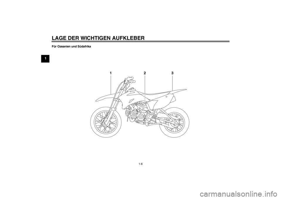 YAMAHA TTR110 2013  Betriebsanleitungen (in German) LAGE DER WICHTIGEN AUFKLEBER
1-8
1
Für Ozeanien und Südafrika
13
2
U5B685G0.book  Page 8  Wednesday, July 4, 2012  3:52 PM 