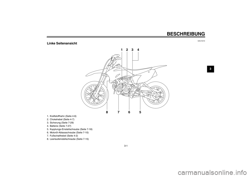 YAMAHA TTR110 2013  Betriebsanleitungen (in German) BESCHREIBUNG
3-1
3
GAU10410
Linke Seitenansicht
678
123 4
5
1. Kraftstoffhahn (Seite 4-6)
2. Chokehebel (Seite 4-7)
3. Sicherung (Seite 7-29)
4. Batterie (Seite 7-27)
5. Kupplungs-Einstellschraube (Se