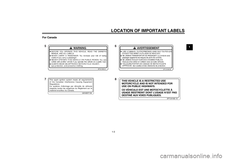 YAMAHA TTR110 2012  Owners Manual LOCATION OF IMPORTANT LABELS1-3
1
For Canada
3JK-82377-00
This spark ignition system meets all requirements 
of the Canadian Interference Causing Equipment 
Regulations.
Ce systè
me d’allumage par 