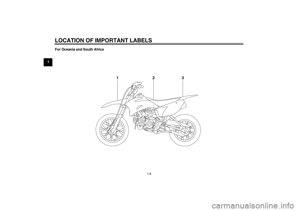 YAMAHA TTR110 2012  Owners Manual LOCATION OF IMPORTANT LABELS
1-8
1For Oceania and South Africa
13
2
U5B684E0.book  Page 8  Monday, June 13, 2011  4:46 PM 