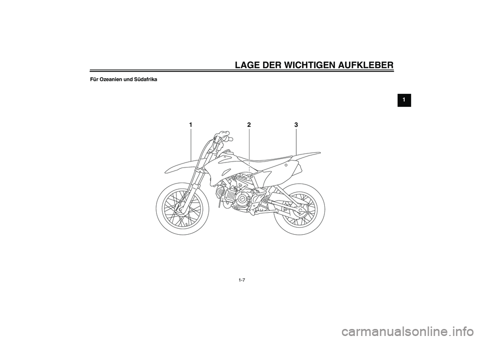 YAMAHA TTR110 2010  Betriebsanleitungen (in German) LAGE DER WICHTIGEN AUFKLEBER1-7
1
Für Ozeanien und Südafrika
13
2
U5B682G0.book  Page 7  Tuesday, June 9, 2009  2:07 PM 