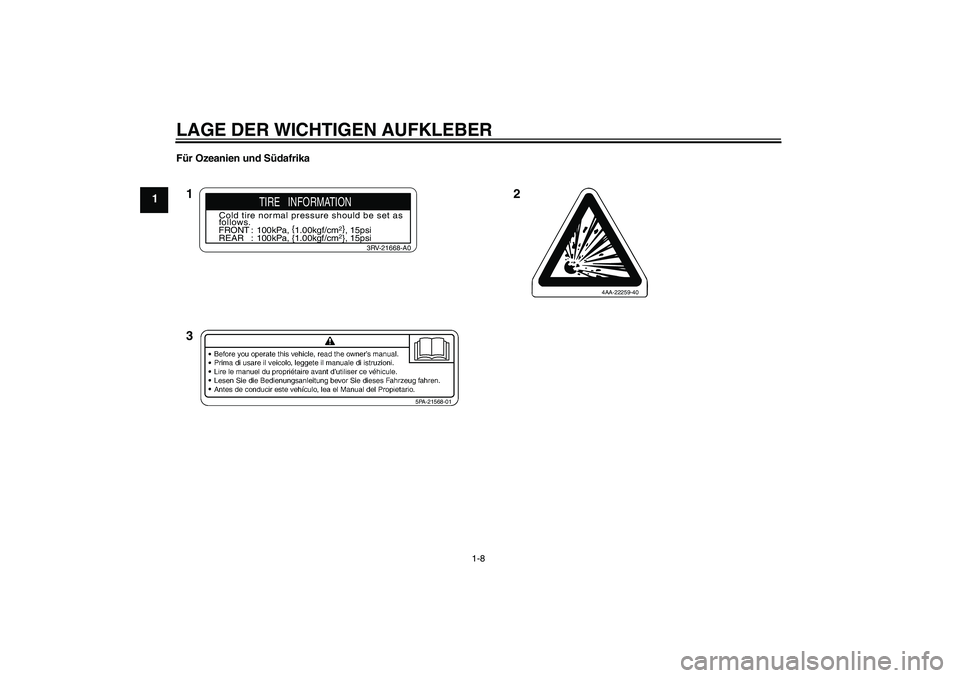 YAMAHA TTR110 2010  Betriebsanleitungen (in German) LAGE DER WICHTIGEN AUFKLEBER
1-8
1
Für Ozeanien und Südafrika
5PA-21568-01
TIRE   INFORMATION
Cold tire normal pressure should be set as
follows.
FRONT : 100kPa, {
1.00kgf/cm
2}
, 15psi
REAR : 100kP