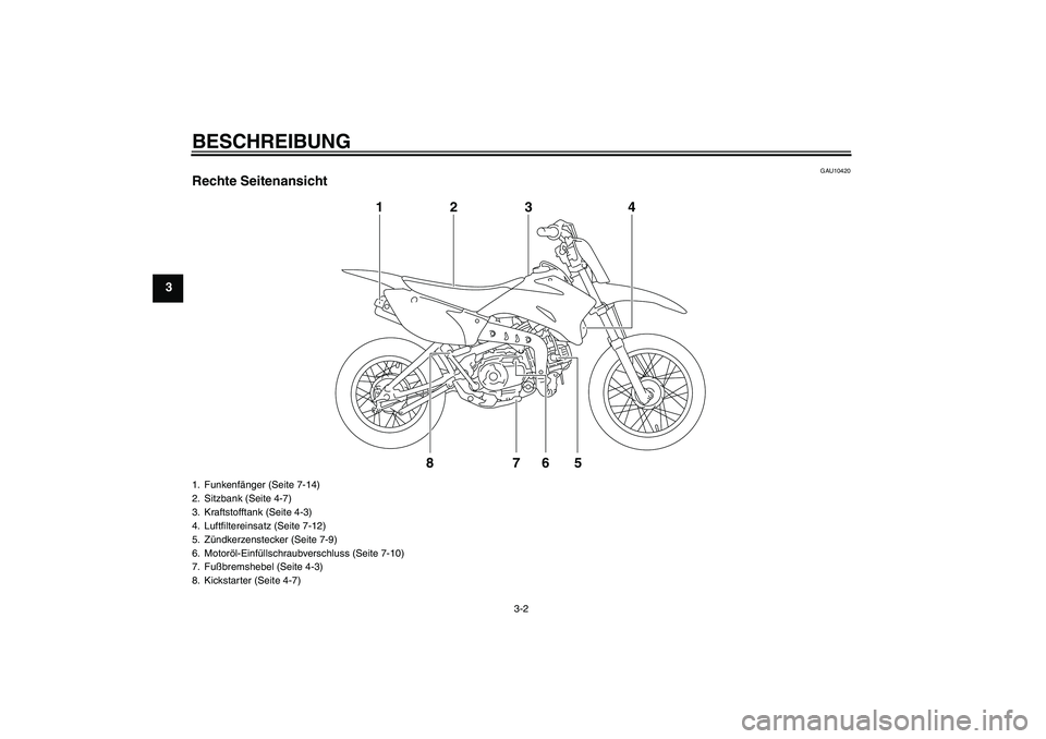 YAMAHA TTR110 2010  Betriebsanleitungen (in German) BESCHREIBUNG
3-2
3
GAU10420
Rechte Seitenansicht
12 3 4
857
6
1. Funkenfänger (Seite 7-14)
2. Sitzbank (Seite 4-7)
3. Kraftstofftank (Seite 4-3)
4. Luftfiltereinsatz (Seite 7-12)
5. Zündkerzenstecke