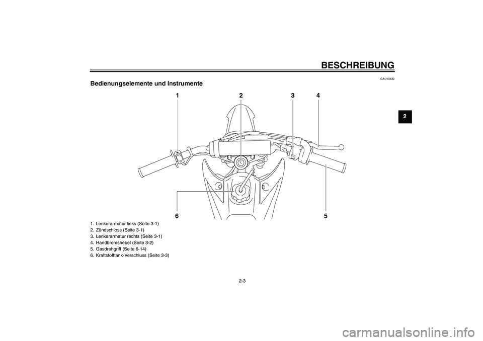 YAMAHA TTR110 2009  Betriebsanleitungen (in German) BESCHREIBUNG
2-3
2
GAU10430
Bedienungselemente und Instrumente
1234
5 6
1. Lenkerarmatur links (Seite 3-1)
2. Zündschloss (Seite 3-1)
3. Lenkerarmatur rechts (Seite 3-1)
4. Handbremshebel (Seite 3-2)