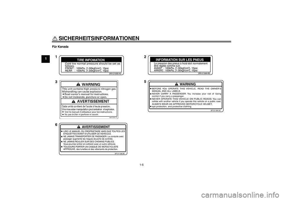 YAMAHA TTR110 2008 Betriebsanleitungen (in German) SICHERHEITSINFORMATIONEN
1-5
1
Für Kanada
2
5 1
3
6
Cold tire normal pressure should be set as
follows.FRONT : 100kPa, {1.00kgf/cm
2}, 15psi
REAR : 100kPa, {1.00kgf/cm2}, 15psi
3RV-21668-A0
TIRE INFO YAMAHA TTR110 2008 Betriebsanleitungen (in German) SICHERHEITSINFORMATIONEN
1-5
1
Für Kanada
2
5 1
3
6
Cold tire normal pressure should be set as
follows.FRONT : 100kPa, {1.00kgf/cm
2}, 15psi
REAR : 100kPa, {1.00kgf/cm2}, 15psi
3RV-21668-A0
TIRE INFO