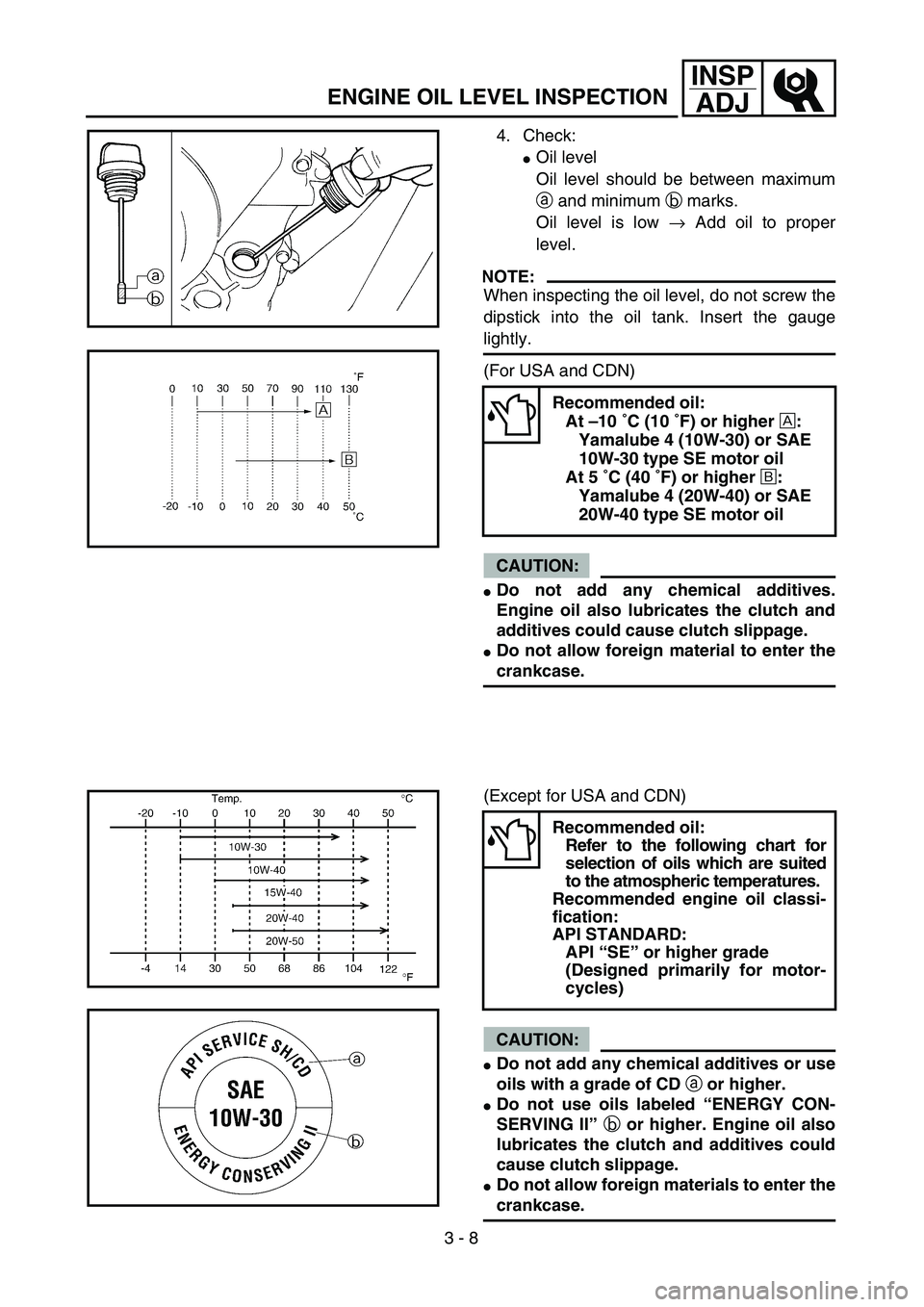 YAMAHA TTR125 2004 Owners Manual 3 - 8
INSP
ADJ
ENGINE OIL LEVEL INSPECTION
4. Check:
Oil level
Oil level should be between maximum
a and minimum b marks.
Oil level is low → Add oil to proper
level.
NOTE:
When inspecting the oil l YAMAHA TTR125 2004 Owners Manual 3 - 8
INSP
ADJ
ENGINE OIL LEVEL INSPECTION
4. Check:
Oil level
Oil level should be between maximum
a and minimum b marks.
Oil level is low → Add oil to proper
level.
NOTE:
When inspecting the oil l