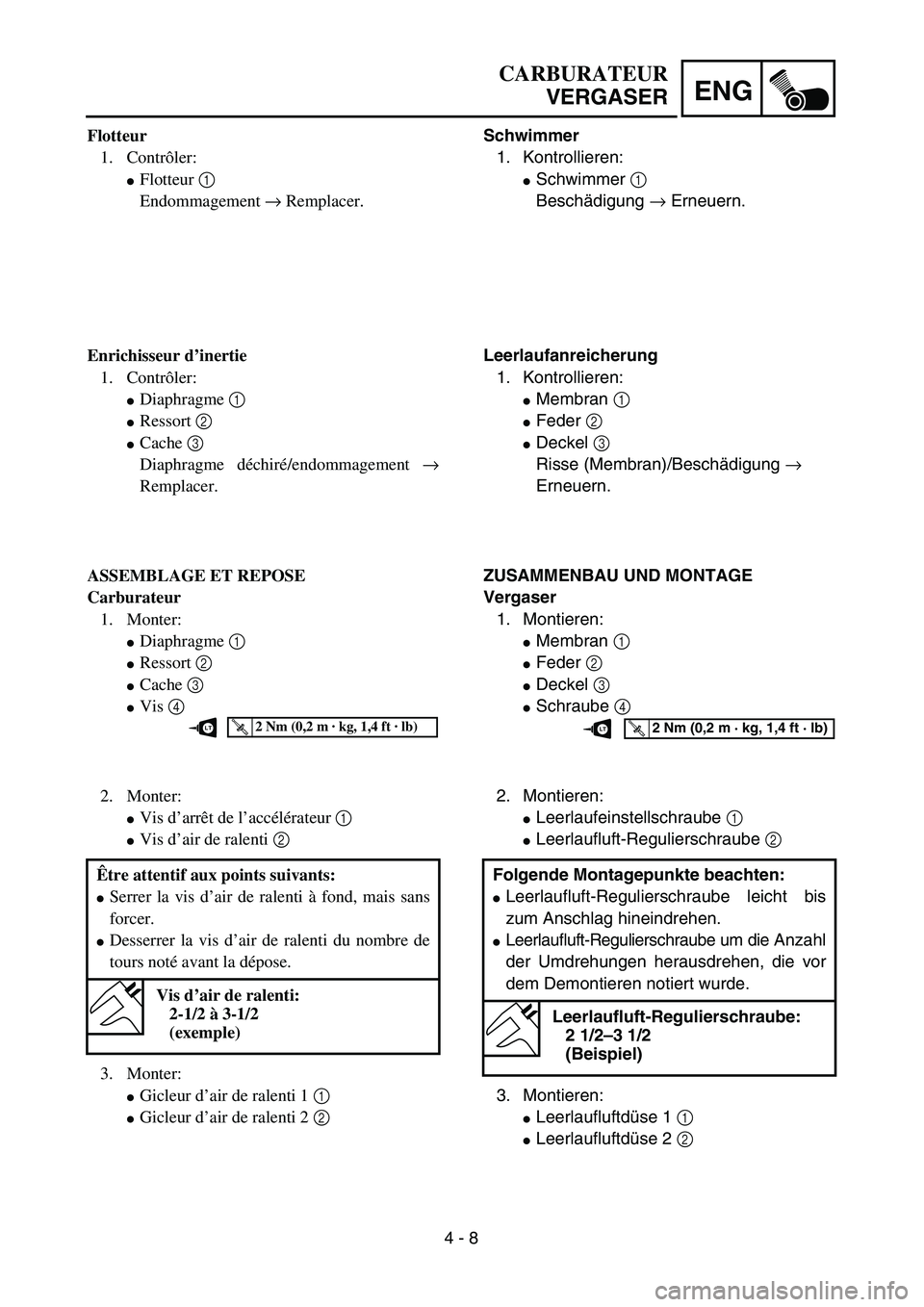 YAMAHA TTR125 2004 Notices Demploi (in French) 4 - 8
ENG
CARBURATEUR
VERGASER
Schwimmer
1. Kontrollieren:
Schwimmer 1
Beschädigung → Erneuern.
Leerlaufanreicherung
1. Kontrollieren:
Membran 1
Feder 2
Deckel 3
Risse (Membran)/Beschädigu YAMAHA TTR125 2004 Notices Demploi (in French) 4 - 8
ENG
CARBURATEUR
VERGASER
Schwimmer
1. Kontrollieren:
Schwimmer 1
Beschädigung → Erneuern.
Leerlaufanreicherung
1. Kontrollieren:
Membran 1
Feder 2
Deckel 3
Risse (Membran)/Beschädigu