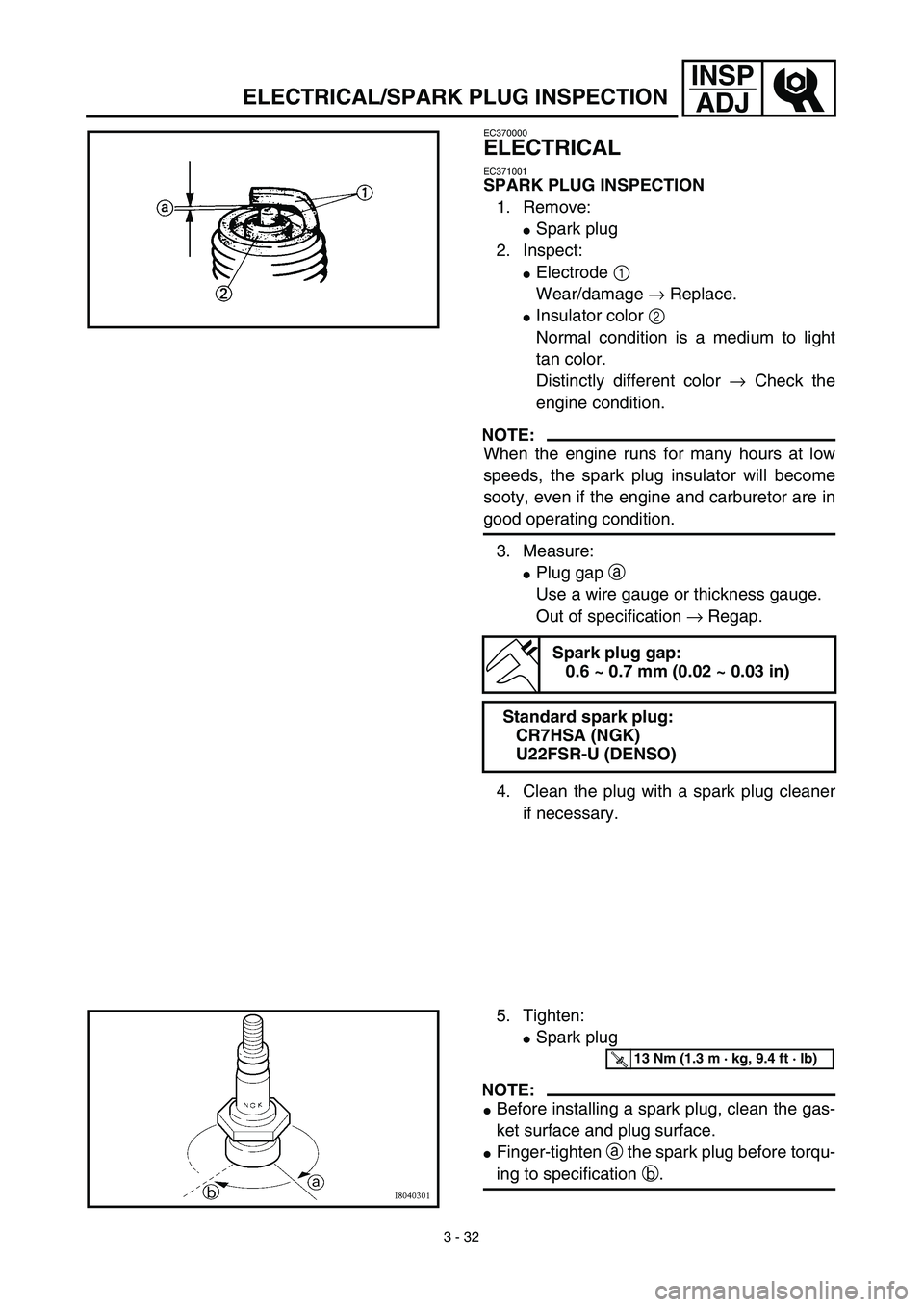 YAMAHA TTR125 2003  Owners Manual 3 - 32
INSP
ADJ
ELECTRICAL/SPARK PLUG INSPECTION
EC370000
ELECTRICAL
EC371001
SPARK PLUG INSPECTION
1. Remove:
Spark plug
2. Inspect:
Electrode 1 
Wear/damage → Replace.
Insulator color 2 
Normal