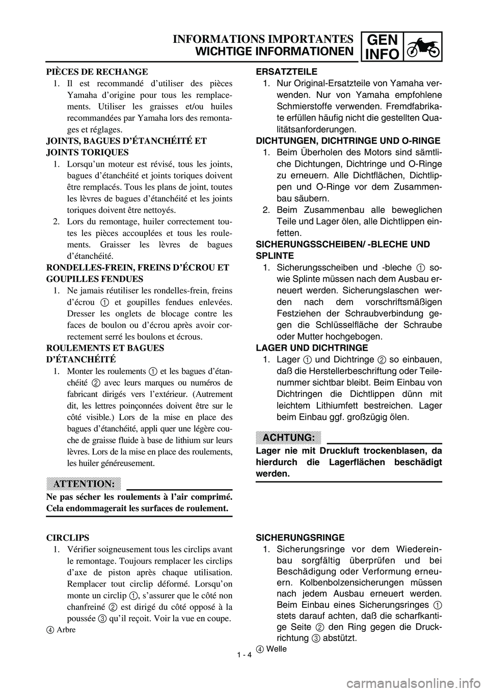 YAMAHA TTR125 2003  Owners Manual GEN
INFOINFORMATIONS IMPORTANTES
WICHTIGE INFORMATIONEN
ERSATZTEILE
1. Nur Original-Ersatzteile von Yamaha ver-
wenden. Nur von Yamaha empfohlene
Schmierstoffe verwenden. Fremdfabrika-
te erfüllen h