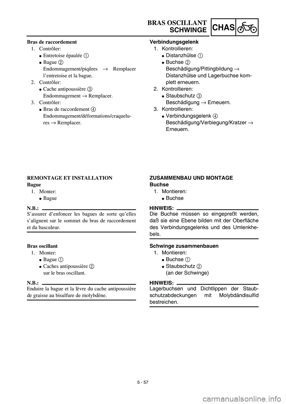 YAMAHA TTR125 2003 Owners Manual 5 - 57
CHAS
Verbindungsgelenk
1. Kontrollieren:
Distanzhülse 1
Buchse 2
Beschädigung/Pittingbildung →
Distanzhülse und Lagerbuchse kom-
plett erneuern.
2. Kontrollieren:
Staubschutz 3
Besc YAMAHA TTR125 2003 Owners Manual 5 - 57
CHAS
Verbindungsgelenk
1. Kontrollieren:
Distanzhülse 1
Buchse 2
Beschädigung/Pittingbildung →
Distanzhülse und Lagerbuchse kom-
plett erneuern.
2. Kontrollieren:
Staubschutz 3
Besc