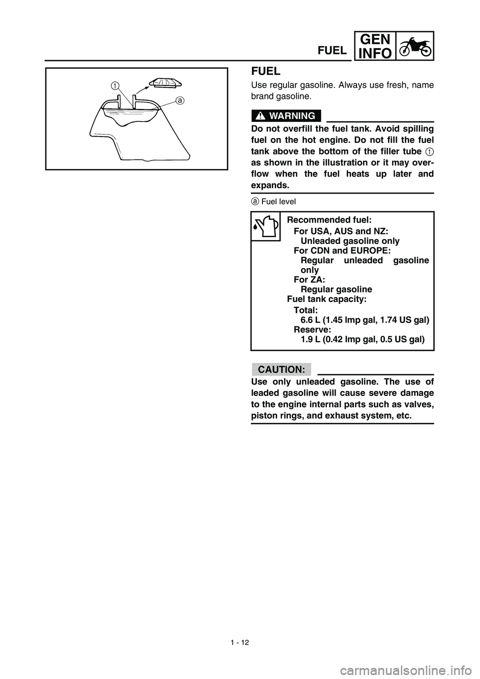 YAMAHA TTR125 2003  Owners Manual 1 - 12
GEN
INFO
FUEL
Use regular gasoline. Always use fresh, name
brand gasoline.
WARNING
Do not overfill the fuel tank. Avoid spilling
fuel on the hot engine. Do not fill the fuel
tank above the bott