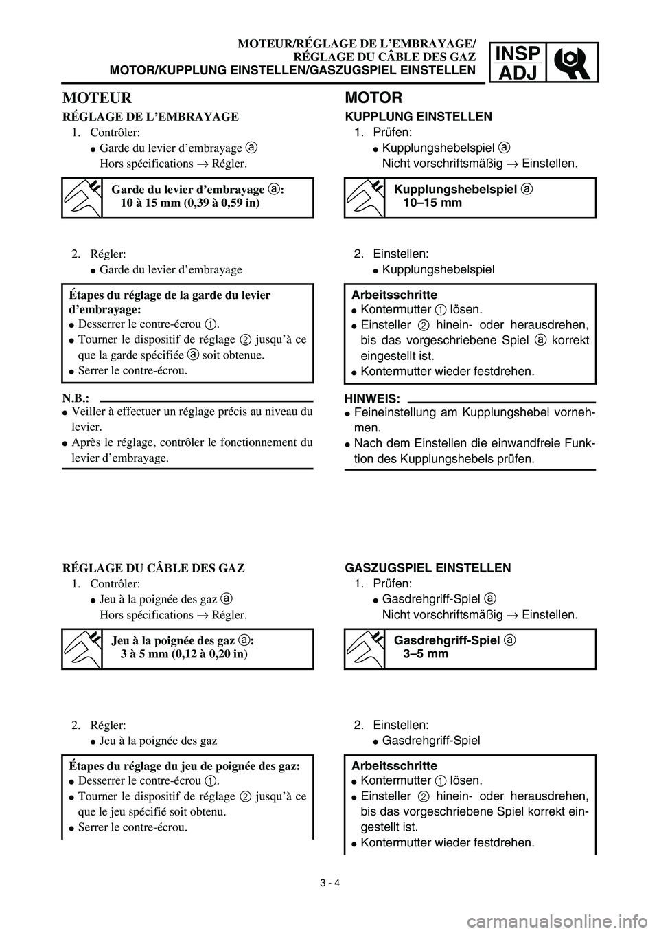YAMAHA TTR125 2003 Notices Demploi (in French) INSP
ADJ
MOTEUR/RÉGLAGE DE L’EMBRAYAGE/
RÉGLAGE DU CÂBLE DES GAZ
MOTOR/KUPPLUNG EINSTELLEN/GASZUGSPIEL EINSTELLEN
MOTOR
KUPPLUNG EINSTELLEN
1. Prüfen:
Kupplungshebelspiel
a
Nic YAMAHA TTR125 2003 Notices Demploi (in French) INSP
ADJ
MOTEUR/RÉGLAGE DE L’EMBRAYAGE/
RÉGLAGE DU CÂBLE DES GAZ
MOTOR/KUPPLUNG EINSTELLEN/GASZUGSPIEL EINSTELLEN
MOTOR
KUPPLUNG EINSTELLEN
1. Prüfen:
Kupplungshebelspiel
a
Nic