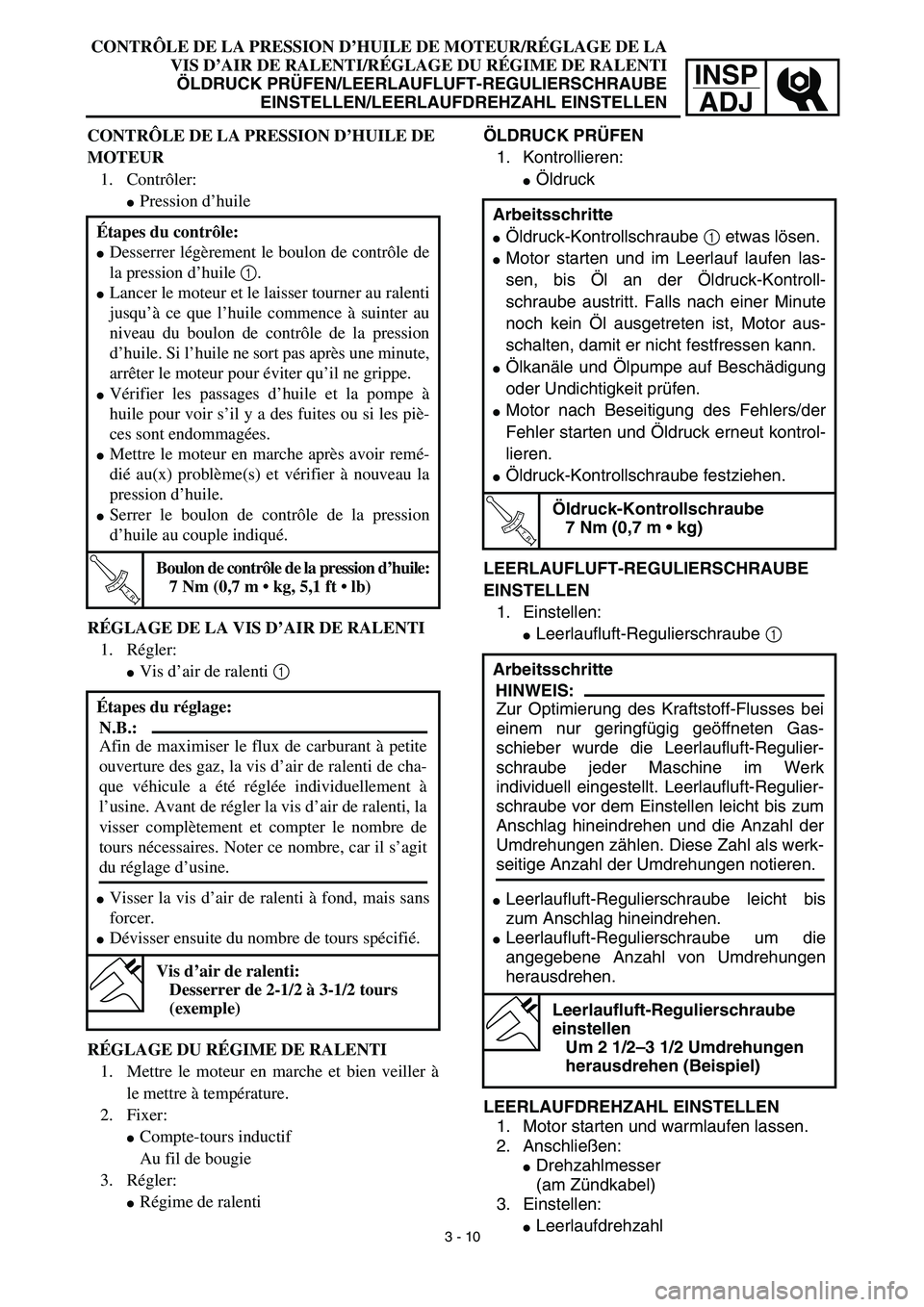YAMAHA TTR125 2003  Notices Demploi (in French) INSP
ADJ
CONTRÔLE DE LA PRESSION D’HUILE DE MOTEUR/RÉGLAGE DE LA
VIS D’AIR DE RALENTI/RÉGLAGE DU RÉGIME DE RALENTI
ÖLDRUCK PRÜFEN/LEERLAUFLUFT-REGULIERSCHRAUBE
EINSTELLEN/LEERLAUFDREHZAHL EI