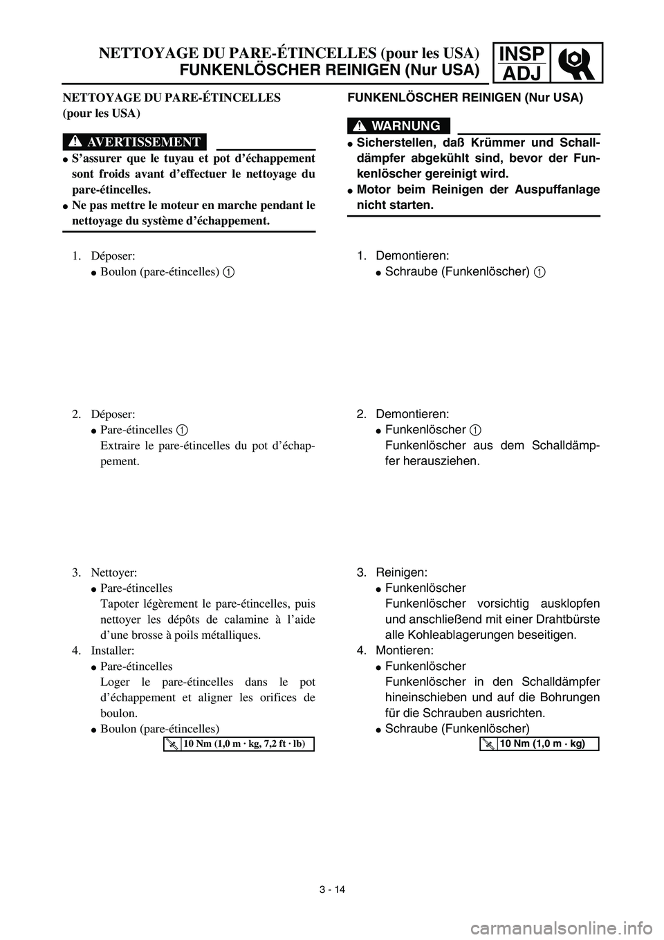 YAMAHA TTR125 2003 Notices Demploi (in French) INSP
ADJNETTOYAGE DU PARE-ÉTINCELLES (pour les USA)
FUNKENLÖSCHER REINIGEN (Nur USA)
FUNKENLÖSCHER REINIGEN (Nur USA)
WARNUNG
Sicherstellen, daß Krümmer und Schall-
dämpfer abgekühlt sind, bev YAMAHA TTR125 2003 Notices Demploi (in French) INSP
ADJNETTOYAGE DU PARE-ÉTINCELLES (pour les USA)
FUNKENLÖSCHER REINIGEN (Nur USA)
FUNKENLÖSCHER REINIGEN (Nur USA)
WARNUNG
Sicherstellen, daß Krümmer und Schall-
dämpfer abgekühlt sind, bev