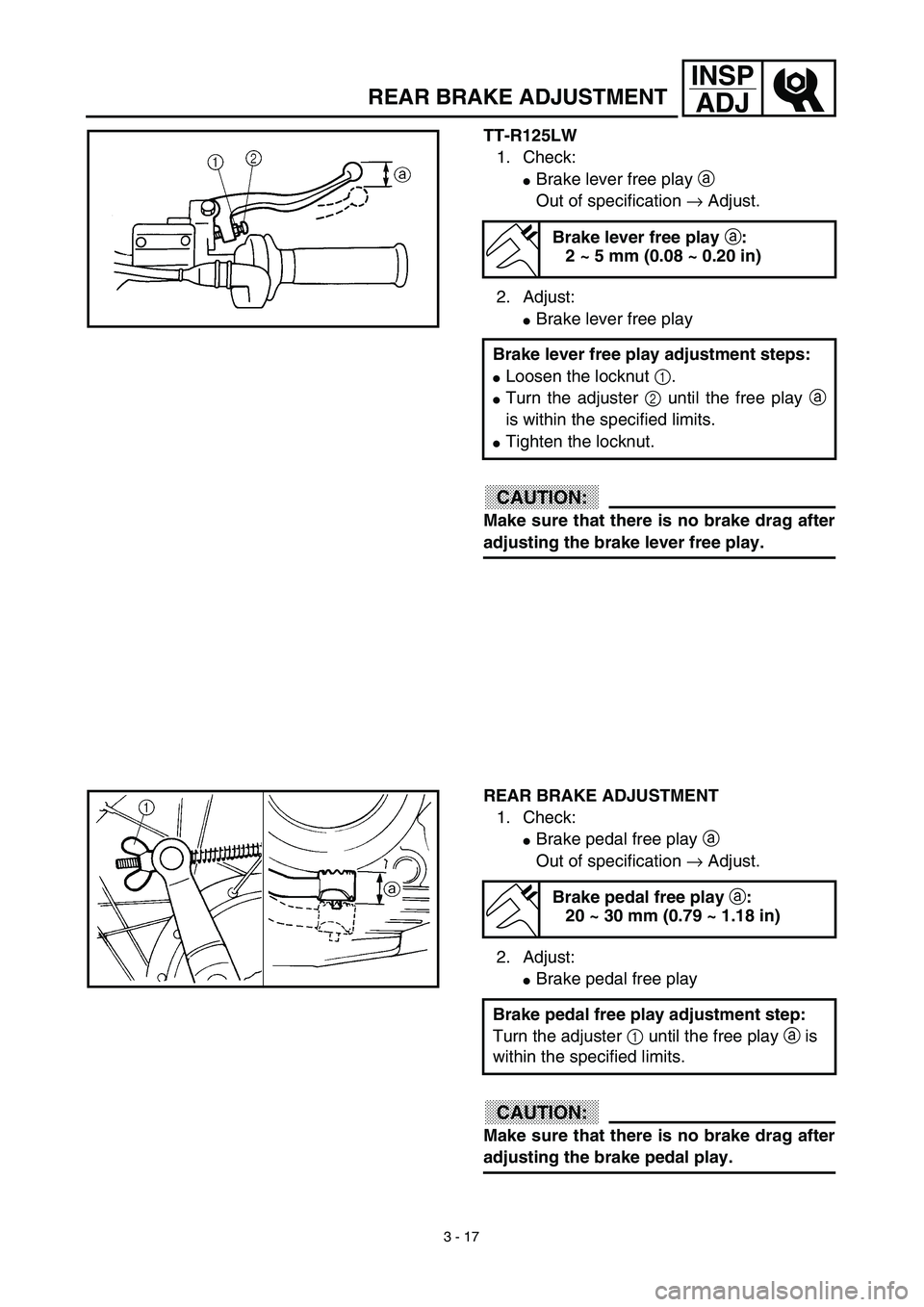 YAMAHA TTR125 2003  Notices Demploi (in French) 3 - 17
INSP
ADJ
TT-R125LW
1. Check:
Brake lever free play a 
Out of specification → Adjust.
2. Adjust:
Brake lever free play
CAUTION:
Make sure that there is no brake drag after
adjusting the brak