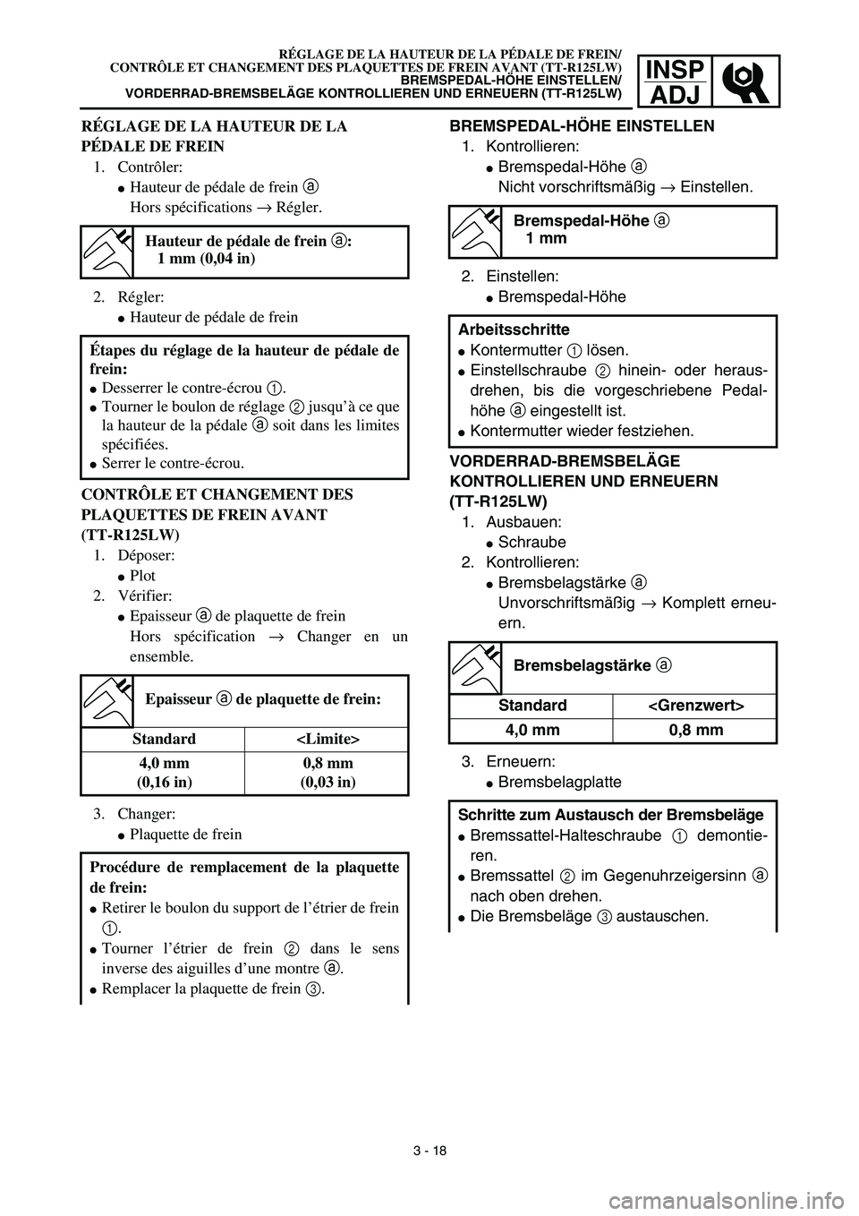 YAMAHA TTR125 2003  Notices Demploi (in French) INSP
ADJ
BREMSPEDAL-HÖHE EINSTELLEN
1. Kontrollieren:
Bremspedal-Höhe a 
Nicht vorschriftsmäßig → Einstellen.
2. Einstellen:
Bremspedal-Höhe
VORDERRAD-BREMSBELÄGE 
KONTROLLIEREN UND ERNEUERN