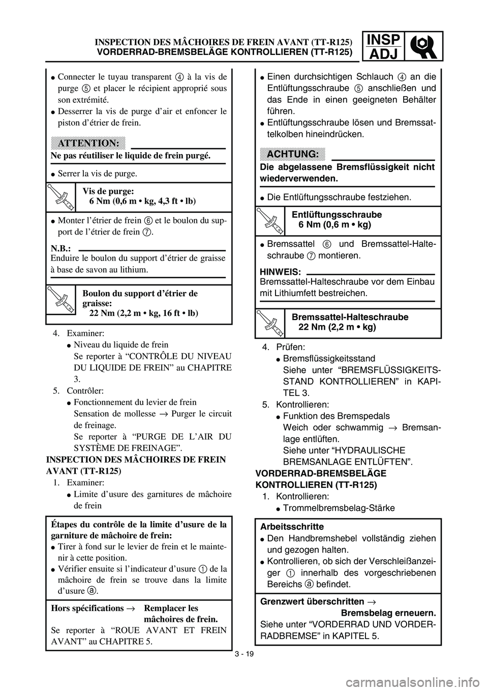 YAMAHA TTR125 2003  Notices Demploi (in French) INSP
ADJINSPECTION DES MÂCHOIRES DE FREIN AVANT (TT-R125)
VORDERRAD-BREMSBELÄGE KONTROLLIEREN (TT-R125)
4. Prüfen:
Bremsflüssigkeitsstand
Siehe unter “BREMSFLÜSSIGKEITS-
STAND KONTROLLIEREN”