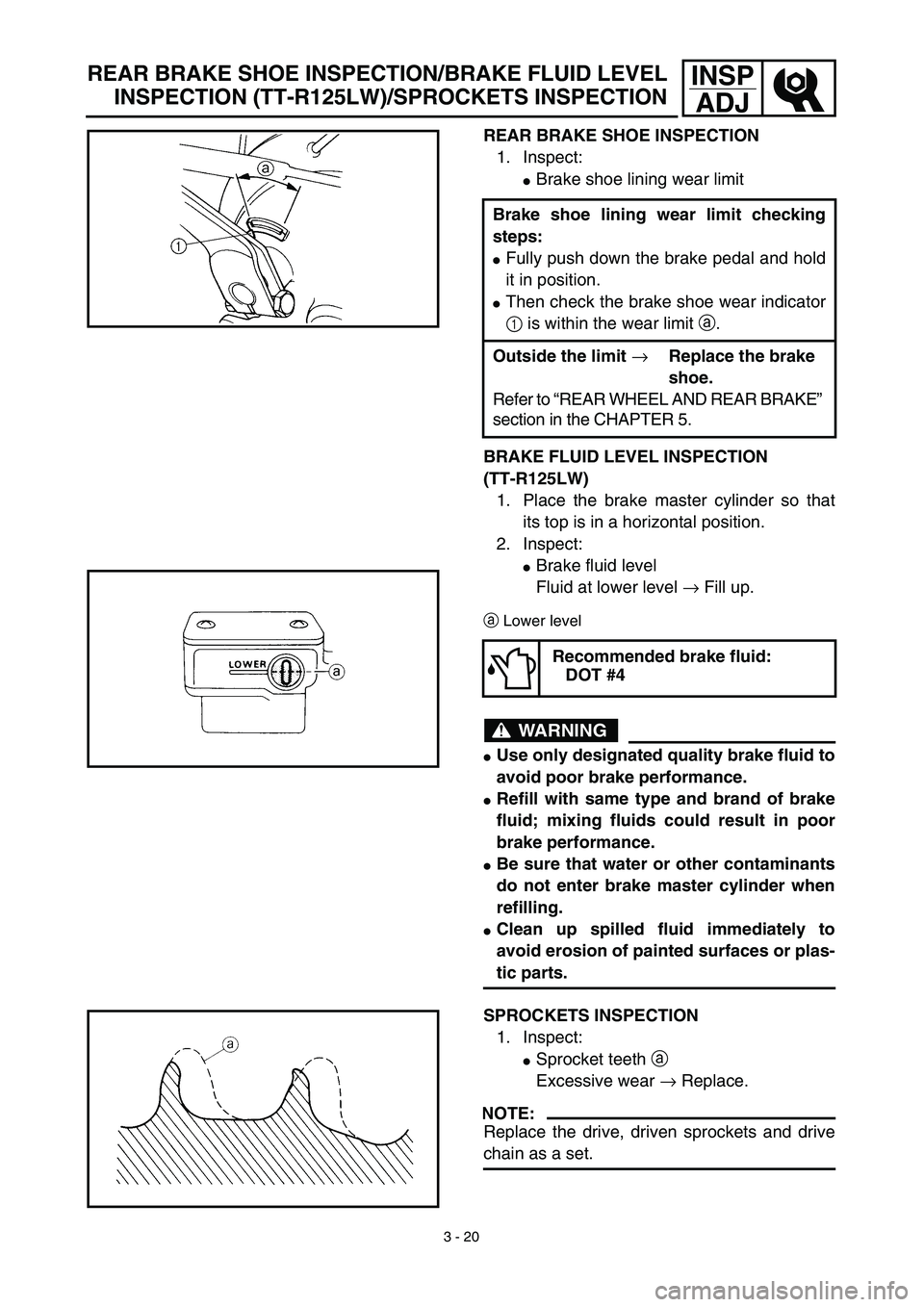 YAMAHA TTR125 2003  Notices Demploi (in French) 3 - 20
INSP
ADJ
REAR BRAKE SHOE INSPECTION
1. Inspect:
Brake shoe lining wear limit
BRAKE FLUID LEVEL INSPECTION
(TT-R125LW)
1. Place the brake master cylinder so that
its top is in a horizontal posi