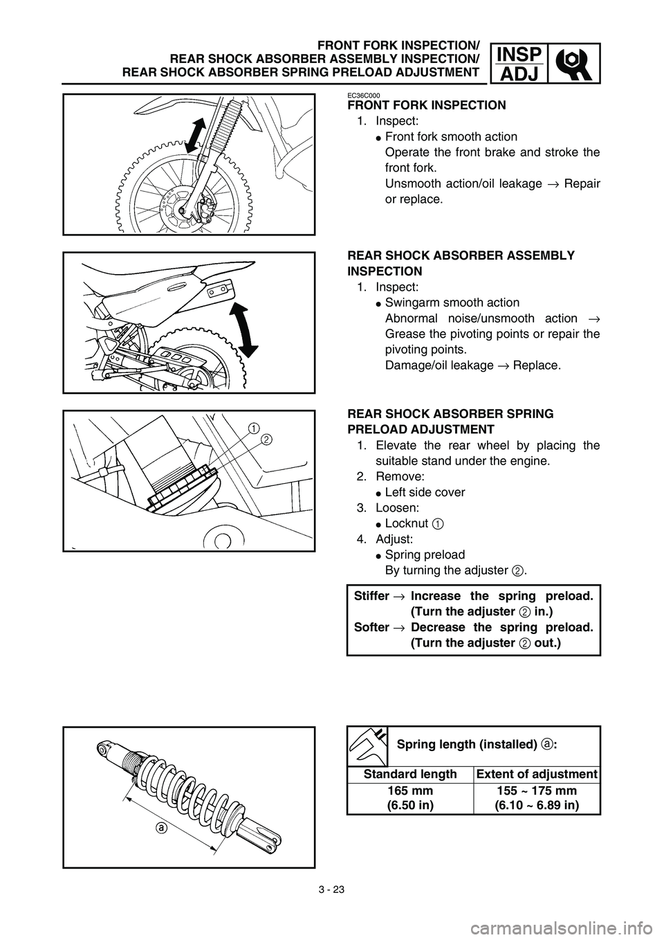 YAMAHA TTR125 2003  Notices Demploi (in French) 3 - 23
INSP
ADJ
FRONT FORK INSPECTION/
REAR SHOCK ABSORBER ASSEMBLY INSPECTION/
REAR SHOCK ABSORBER SPRING PRELOAD ADJUSTMENT
EC36C000
FRONT FORK INSPECTION
1. Inspect:
Front fork smooth action
Opera
