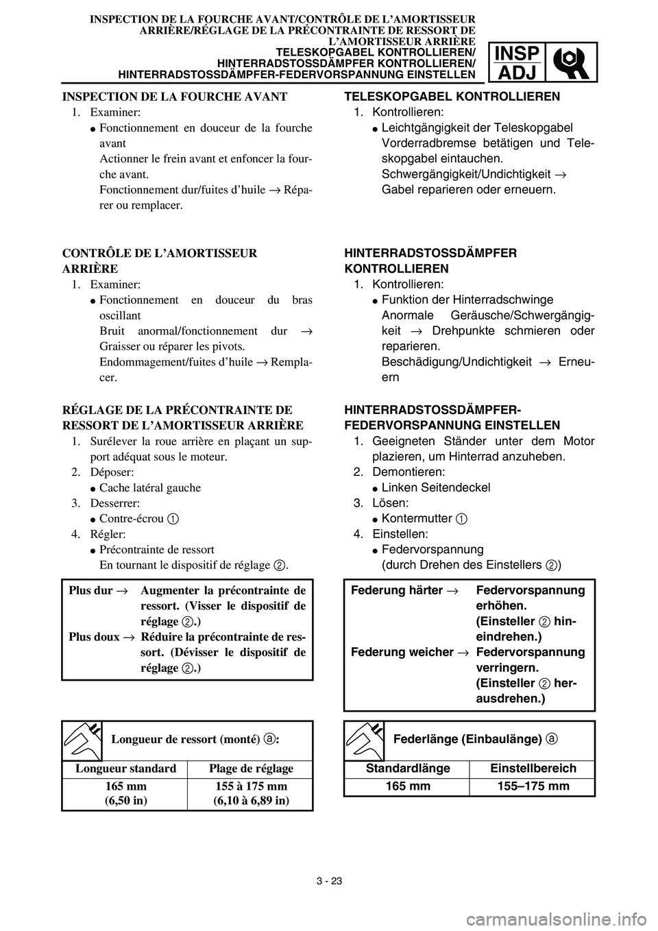 YAMAHA TTR125 2003  Notices Demploi (in French) INSP
ADJ
TELESKOPGABEL KONTROLLIEREN
1. Kontrollieren:
Leichtgängigkeit der Teleskopgabel
Vorderradbremse betätigen und Tele-
skopgabel eintauchen.
Schwergängigkeit/Undichtigkeit → 
Gabel repari