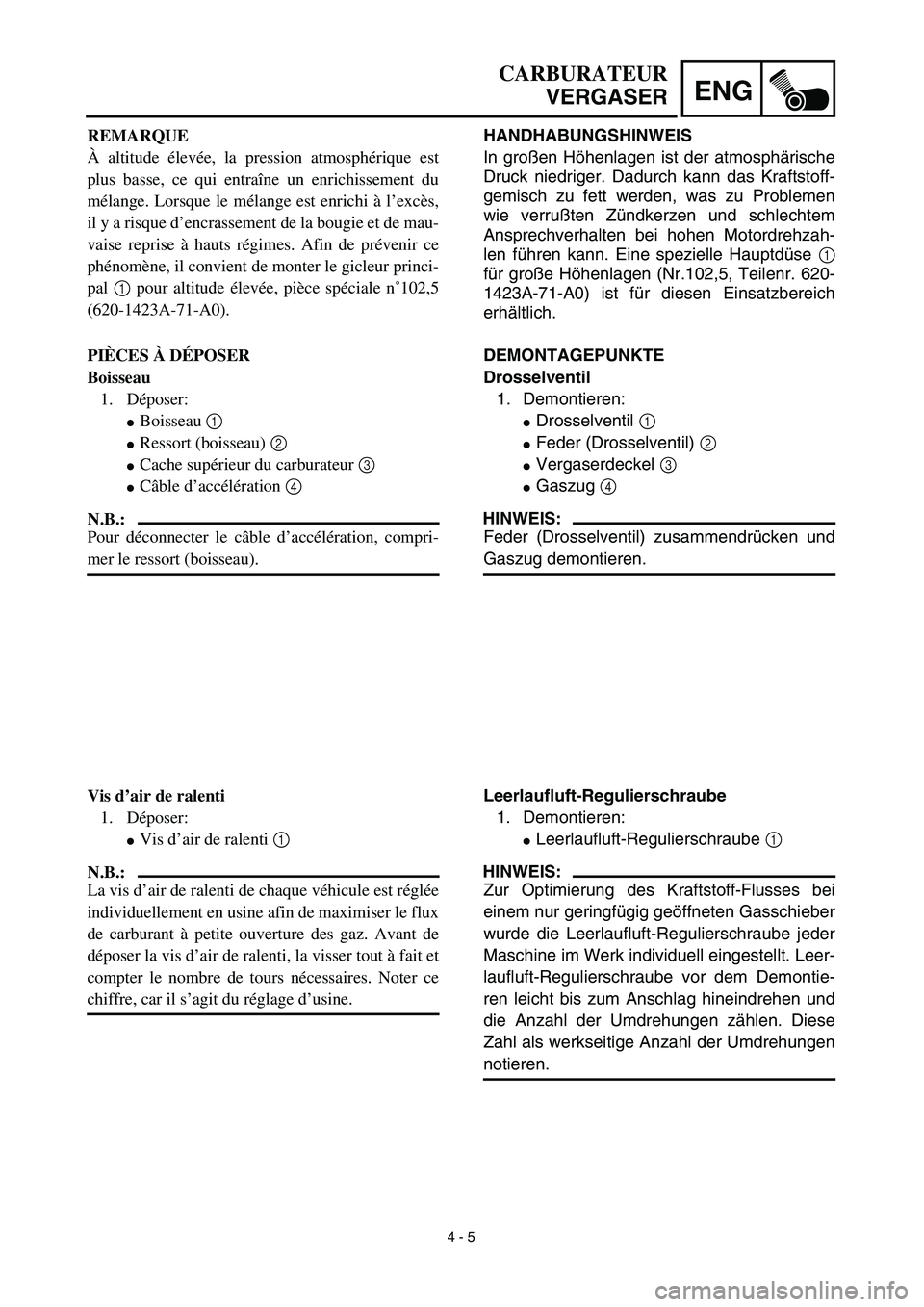 YAMAHA TTR125 2003  Notices Demploi (in French) 4 - 5
ENG
CARBURATEUR
VERGASER
HANDHABUNGSHINWEIS
In großen Höhenlagen ist der atmosphärische
Druck niedriger. Dadurch kann das Kraftstoff-
gemisch zu fett werden, was zu Problemen
wie verrußten Z