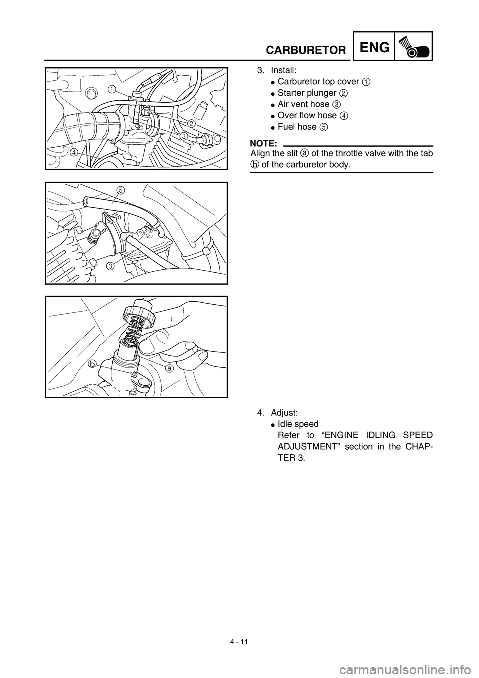 YAMAHA TTR125 2003  Notices Demploi (in French) 4 - 11
ENGCARBURETOR
3. Install:
Carburetor top cover 1 
Starter plunger 2 
Air vent hose 3 
Over flow hose 4 
Fuel hose 5 
NOTE:
Align the slit a of the throttle valve with the tab
b of the carb