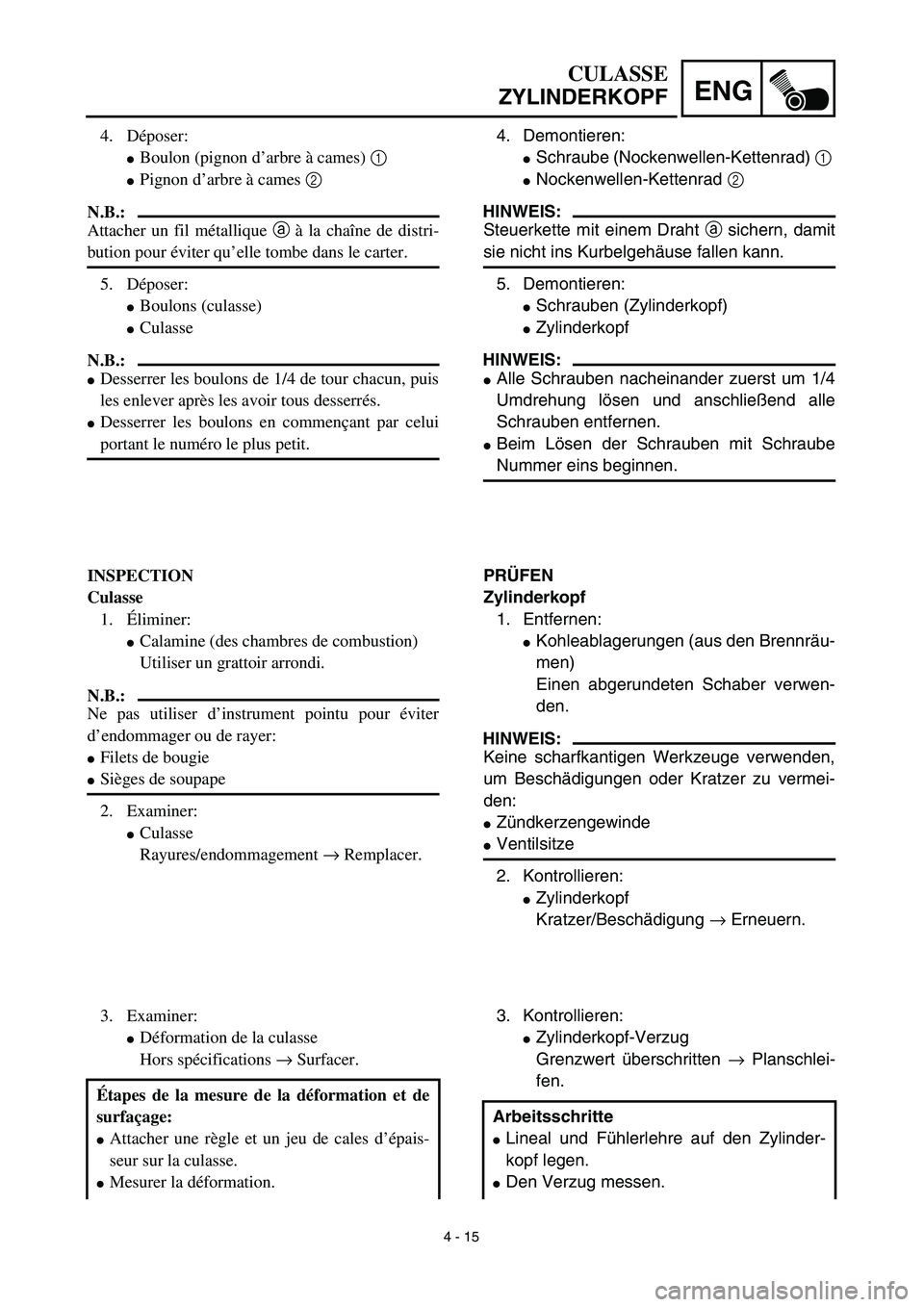YAMAHA TTR125 2003  Notices Demploi (in French) 4 - 15
ENG
CULASSE
ZYLINDERKOPF
4. Demontieren:
Schraube (Nockenwellen-Kettenrad) 1 
Nockenwellen-Kettenrad 2 
HINWEIS:
Steuerkette mit einem Draht a sichern, damit
sie nicht ins Kurbelgehäuse fall