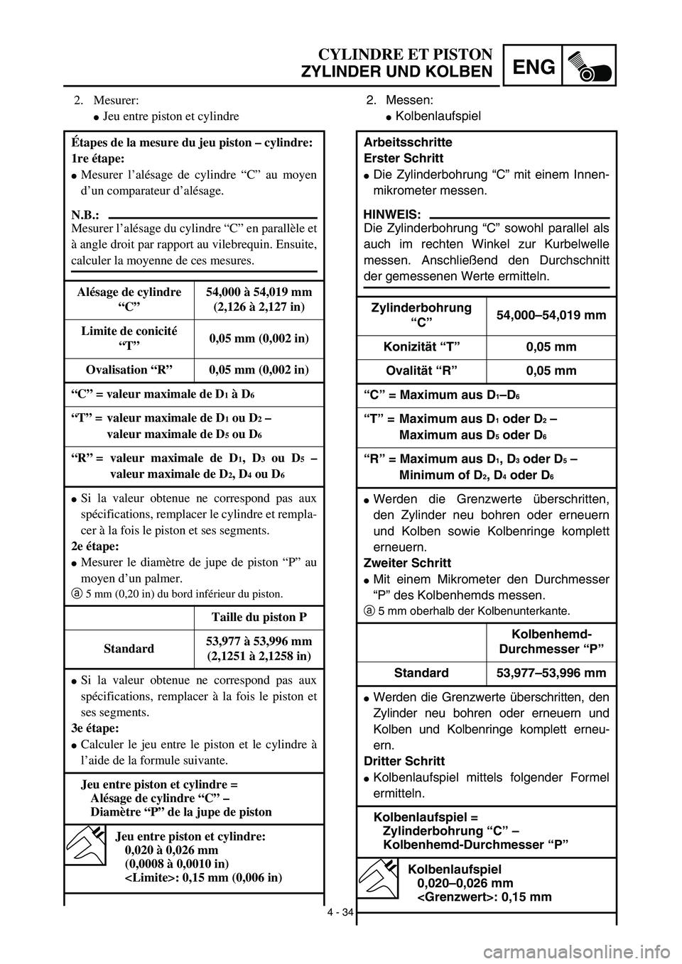 YAMAHA TTR125 2003  Notices Demploi (in French) 4 - 34
ENG
CYLINDRE ET PISTON
ZYLINDER UND KOLBEN
2. Messen:
Kolbenlaufspiel
Arbeitsschritte
Erster Schritt
Die Zylinderbohrung “C” mit einem Innen-
mikrometer messen.
HINWEIS:
Die Zylinderbohru