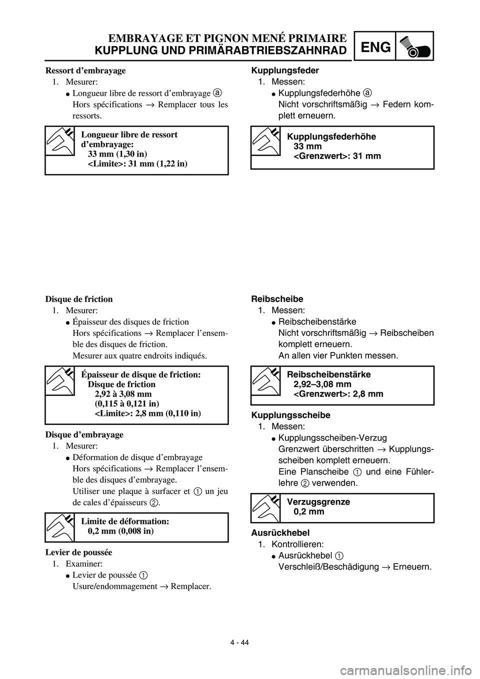 YAMAHA TTR125 2003  Notices Demploi (in French) 4 - 44
ENG
EMBRAYAGE ET PIGNON MENÉ PRIMAIRE
KUPPLUNG UND PRIMÄRABTRIEBSZAHNRAD
Kupplungsfeder
1. Messen:
Kupplungsfederhöhe a 
Nicht vorschriftsmäßig → Federn kom-
plett erneuern.
Kupplungsfe