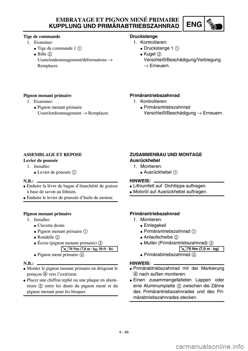 YAMAHA TTR125 2003  Notices Demploi (in French) 4 - 45
ENG
EMBRAYAGE ET PIGNON MENÉ PRIMAIRE
KUPPLUNG UND PRIMÄRABTRIEBSZAHNRAD
Druckstange
1. Kontrollieren:
Druckstange 1 1 
Kugel 2 
Verschleiß/Beschädigung/Verbiegung
→ Erneuern.
Primäran