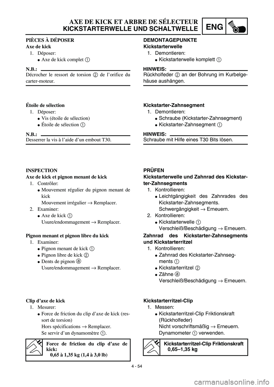 YAMAHA TTR125 2003  Notices Demploi (in French) 4 - 54
ENG
AXE DE KICK ET ARBRE DE SÉLECTEUR
KICKSTARTERWELLE UND SCHALTWELLE
DEMONTAGEPUNKTE
Kickstarterwelle
1. Demontieren:
Kickstarterwelle komplett 1 
HINWEIS:
Rückholfeder 2 an der Bohrung im
