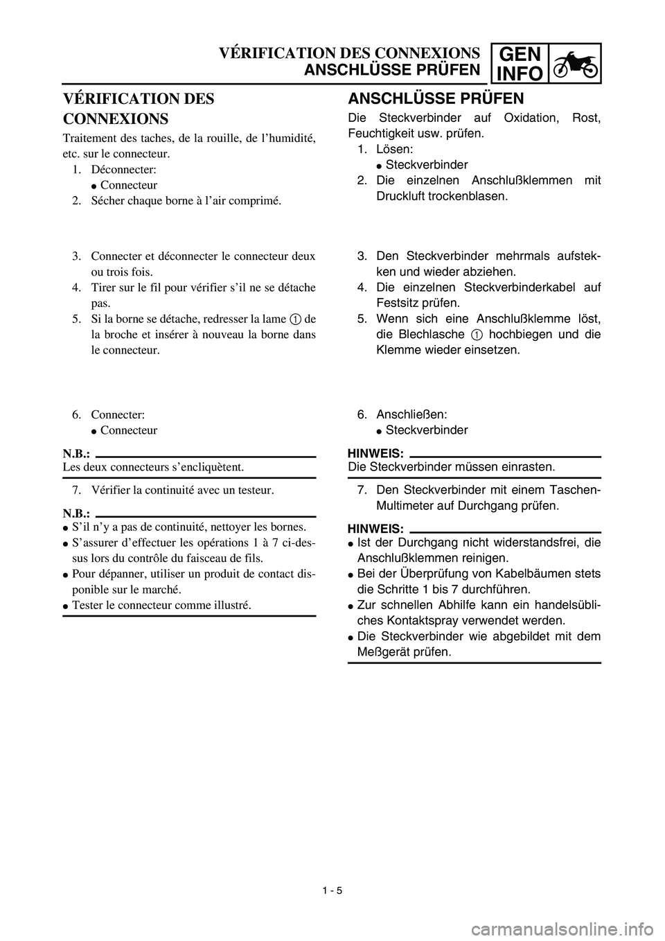 YAMAHA TTR125 2003  Notices Demploi (in French) GEN
INFOVÉRIFICATION DES CONNEXIONS
ANSCHLÜSSE PRÜFEN
ANSCHLÜSSE PRÜFEN
Die Steckverbinder auf Oxidation, Rost,
Feuchtigkeit usw. prüfen.
1. Lösen:
Steckverbinder
2. Die einzelnen Anschlußkle