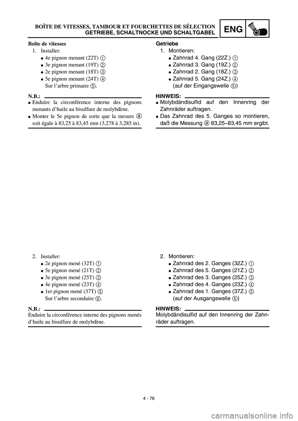 YAMAHA TTR125 2003  Notices Demploi (in French) 4 - 76
ENG
Getriebe
1. Montieren:
Zahnrad 4. Gang (22Z.) 1 
Zahnrad 3. Gang (19Z.) 2 
Zahnrad 2. Gang (18Z.) 3 
Zahnrad 5. Gang (24Z.) 4 
(auf der Eingangswelle 5)
HINWEIS:
Molybdändisulfid auf 