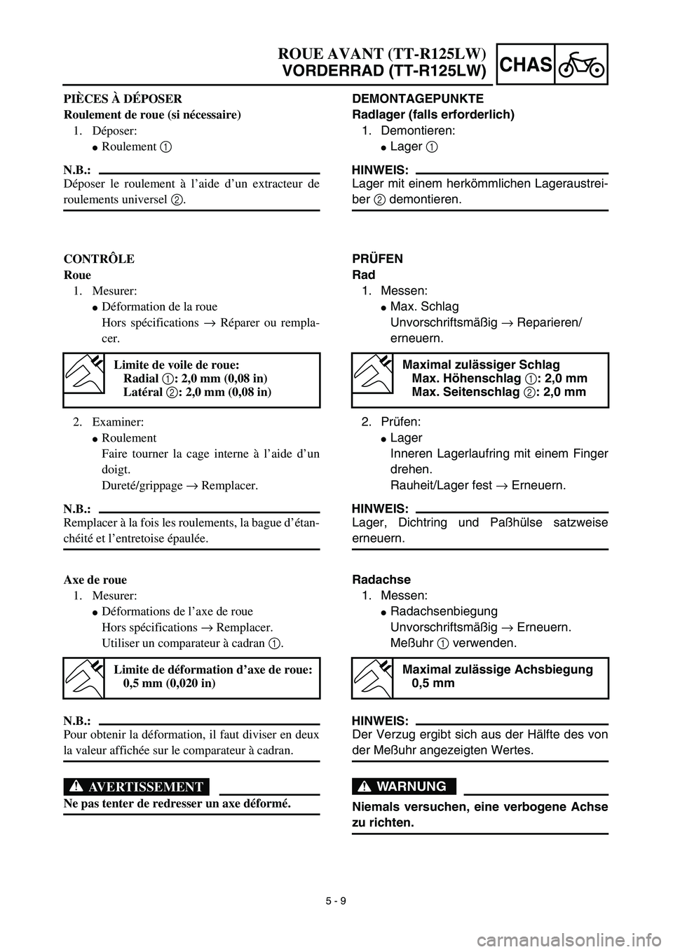YAMAHA TTR125 2003 Notices Demploi (in French) 5 - 9
CHAS
ROUE AVANT (TT-R125LW)
VORDERRAD (TT-R125LW)
DEMONTAGEPUNKTE
Radlager (falls erforderlich)
1. Demontieren:
Lager 1
HINWEIS:
Lager mit einem herkömmlichen Lageraustrei-
ber 2 demontieren. YAMAHA TTR125 2003 Notices Demploi (in French) 5 - 9
CHAS
ROUE AVANT (TT-R125LW)
VORDERRAD (TT-R125LW)
DEMONTAGEPUNKTE
Radlager (falls erforderlich)
1. Demontieren:
Lager 1
HINWEIS:
Lager mit einem herkömmlichen Lageraustrei-
ber 2 demontieren.