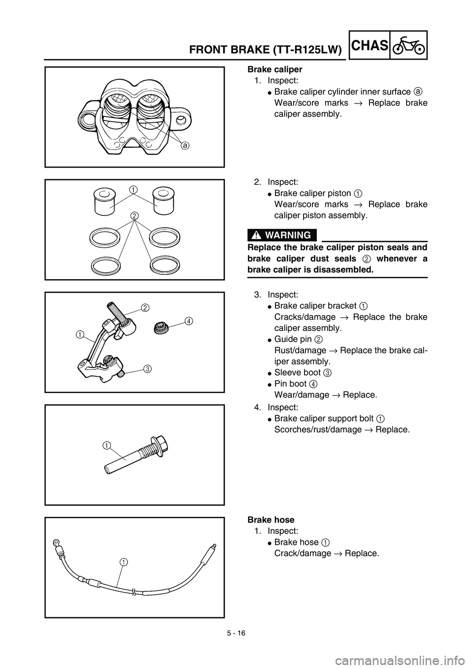 YAMAHA TTR125 2003  Notices Demploi (in French) 5 - 16
CHAS
Brake caliper
1. Inspect:
Brake caliper cylinder inner surface a 
Wear/score marks → Replace brake
caliper assembly.
2. Inspect:
Brake caliper piston 1 
Wear/score marks → Replace br