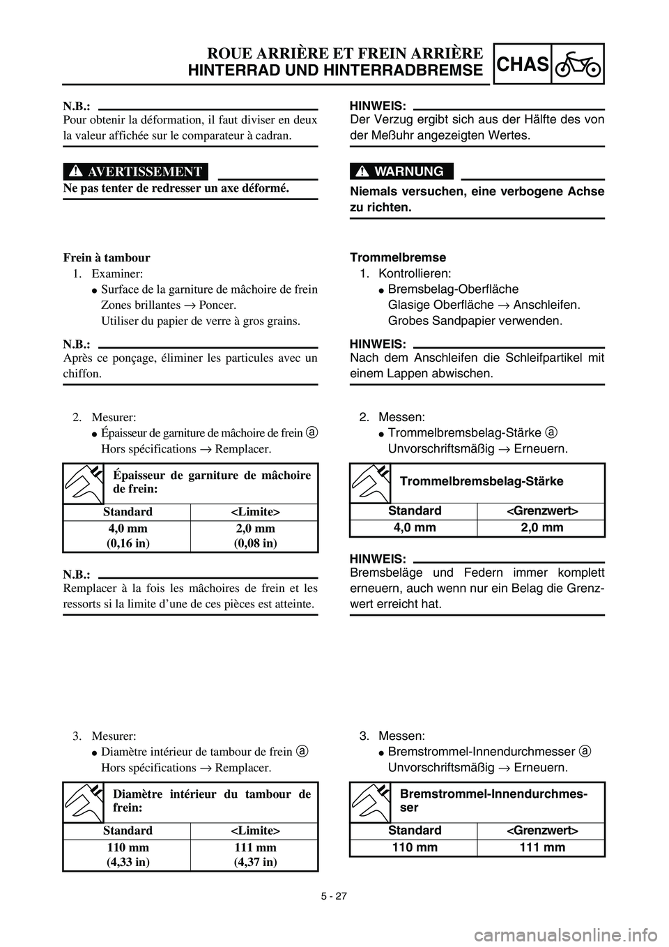 YAMAHA TTR125 2003 Notices Demploi (in French) 5 - 27
CHAS
ROUE ARRIÈRE ET FREIN ARRIÈRE
HINTERRAD UND HINTERRADBREMSE
HINWEIS:
Der Verzug ergibt sich aus der Hälfte des von
der Meßuhr angezeigten Wertes.
WARNUNG
Niemals versuchen, eine verbog YAMAHA TTR125 2003 Notices Demploi (in French) 5 - 27
CHAS
ROUE ARRIÈRE ET FREIN ARRIÈRE
HINTERRAD UND HINTERRADBREMSE
HINWEIS:
Der Verzug ergibt sich aus der Hälfte des von
der Meßuhr angezeigten Wertes.
WARNUNG
Niemals versuchen, eine verbog
