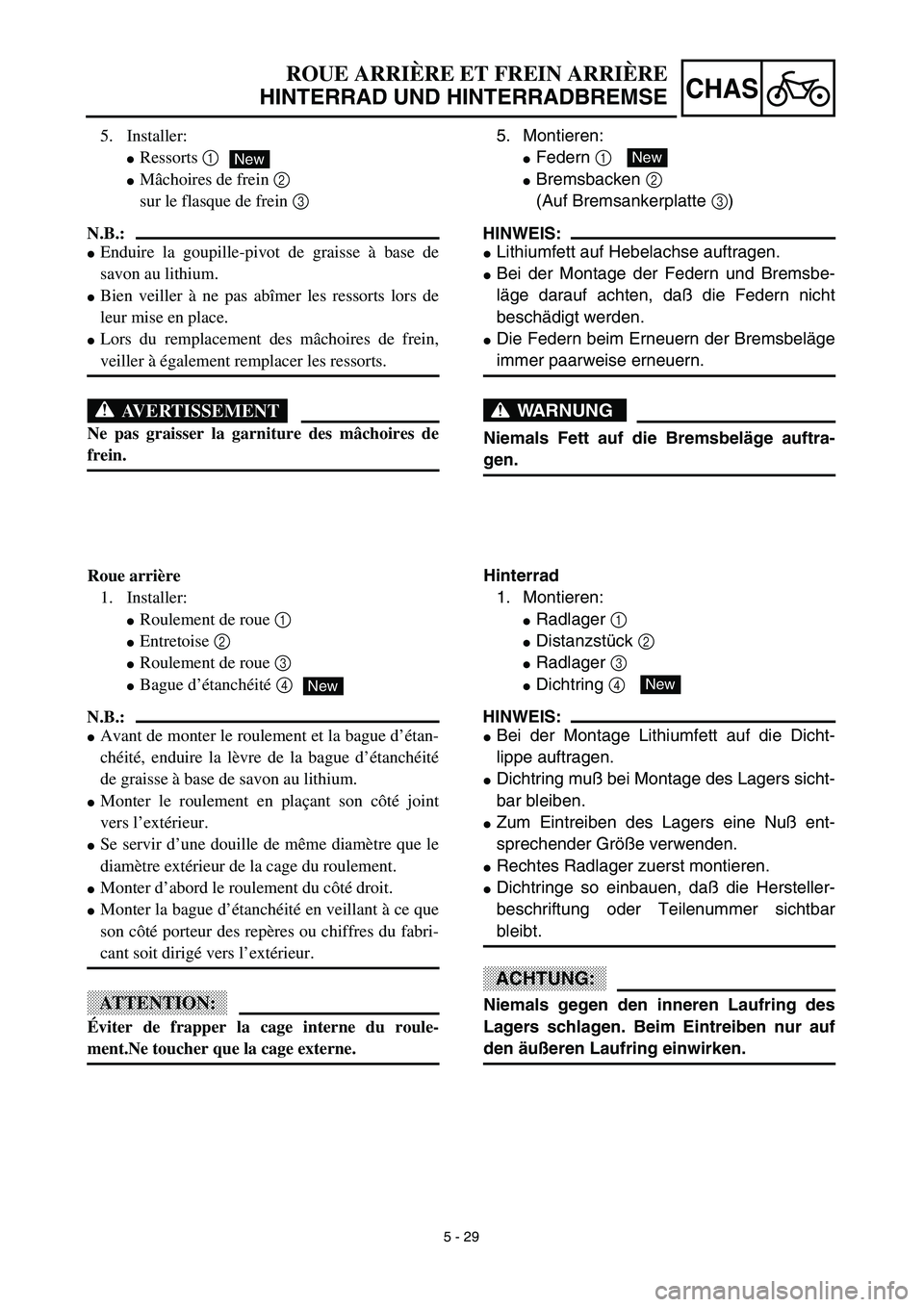 YAMAHA TTR125 2003 Notices Demploi (in French) 5 - 29
CHAS
5. Montieren:
Federn 1
Bremsbacken 2
(Auf Bremsankerplatte 3)
HINWEIS:
Lithiumfett auf Hebelachse auftragen.
Bei der Montage der Federn und Bremsbe-
läge darauf achten, daß die Fed YAMAHA TTR125 2003 Notices Demploi (in French) 5 - 29
CHAS
5. Montieren:
Federn 1
Bremsbacken 2
(Auf Bremsankerplatte 3)
HINWEIS:
Lithiumfett auf Hebelachse auftragen.
Bei der Montage der Federn und Bremsbe-
läge darauf achten, daß die Fed
