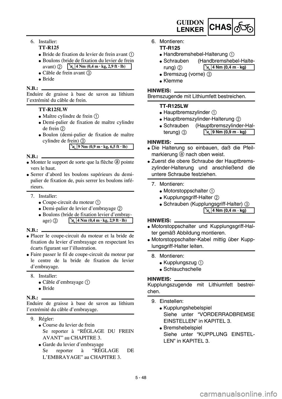 YAMAHA TTR125 2003 Notices Demploi (in French) 5 - 48
CHAS
6. Montieren:
TT-R125
Handbremshebel-Halterung 1
Schrauben (Handbremshebel-Halte-
rung) 2
Bremszug (vorne) 3
Klemme
HINWEIS:
Bremszugende mit Lithiumfett bestreichen.
TT-R125LW
Hau YAMAHA TTR125 2003 Notices Demploi (in French) 5 - 48
CHAS
6. Montieren:
TT-R125
Handbremshebel-Halterung 1
Schrauben (Handbremshebel-Halte-
rung) 2
Bremszug (vorne) 3
Klemme
HINWEIS:
Bremszugende mit Lithiumfett bestreichen.
TT-R125LW
Hau