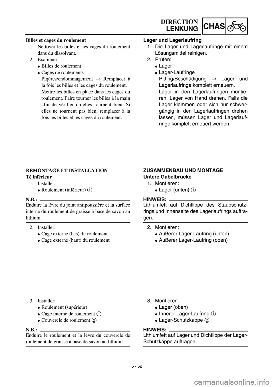 YAMAHA TTR125 2003  Notices Demploi (in French) 5 - 52
CHAS
Lager und Lagerlaufring
1. Die Lager und Lagerlaufringe mit einem
Lösungsmittel reinigen.
2. Prüfen:
Lager
Lager-Laufringe
Pitting/Beschädigung → Lager und
Lagerlaufringe komplett e