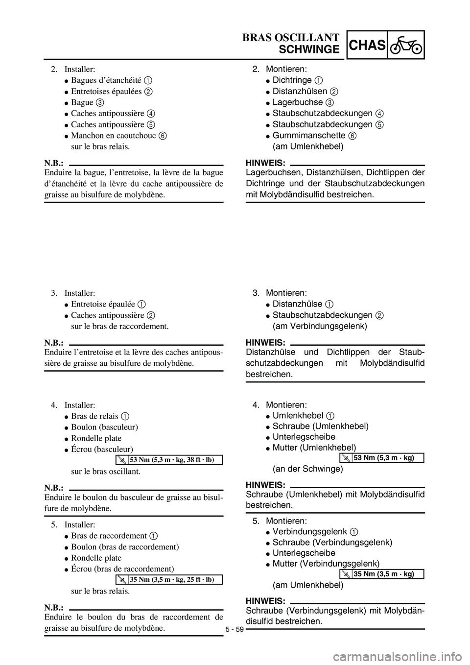 YAMAHA TTR125 2003  Notices Demploi (in French) 5 - 59
CHAS
2. Montieren:
Dichtringe 1
Distanzhülsen 2
Lagerbuchse 3
Staubschutzabdeckungen 4
Staubschutzabdeckungen 5
Gummimanschette 6
(am Umlenkhebel)
HINWEIS:
Lagerbuchsen, Distanzhülsen, 