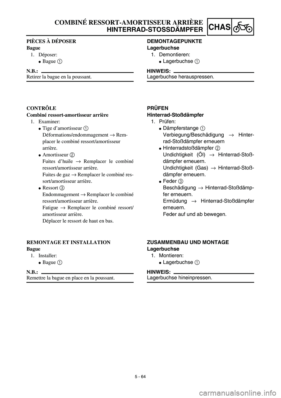YAMAHA TTR125 2003  Notices Demploi (in French) 5 - 64
CHAS
DEMONTAGEPUNKTE
Lagerbuchse
1. Demontieren:
Lagerbuchse 1 
HINWEIS:
Lagerbuchse herauspressen.
PRÜFEN
Hinterrad-Stoßdämpfer
1. Prüfen:
Dämpferstange 1 
Verbiegung/Beschädigung → 