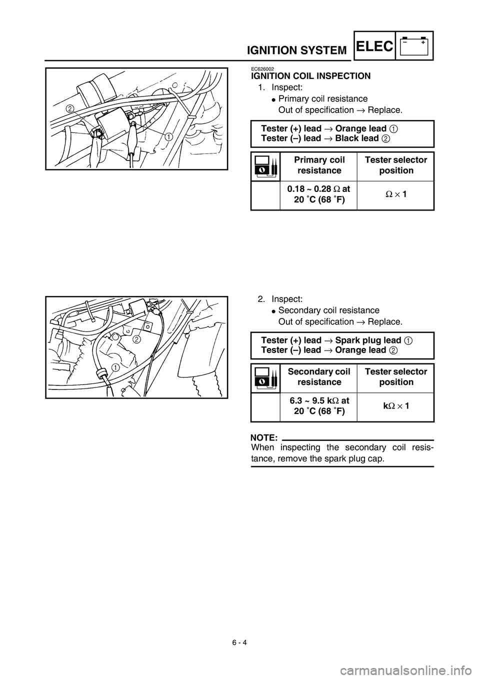 YAMAHA TTR125 2003  Notices Demploi (in French) 6 - 4
–+ELECIGNITION SYSTEM
EC626002
IGNITION COIL INSPECTION
1. Inspect:
Primary coil resistance
Out of specification → Replace.
Tester (+) lead → Orange lead 1 
Tester (–) lead → Black le