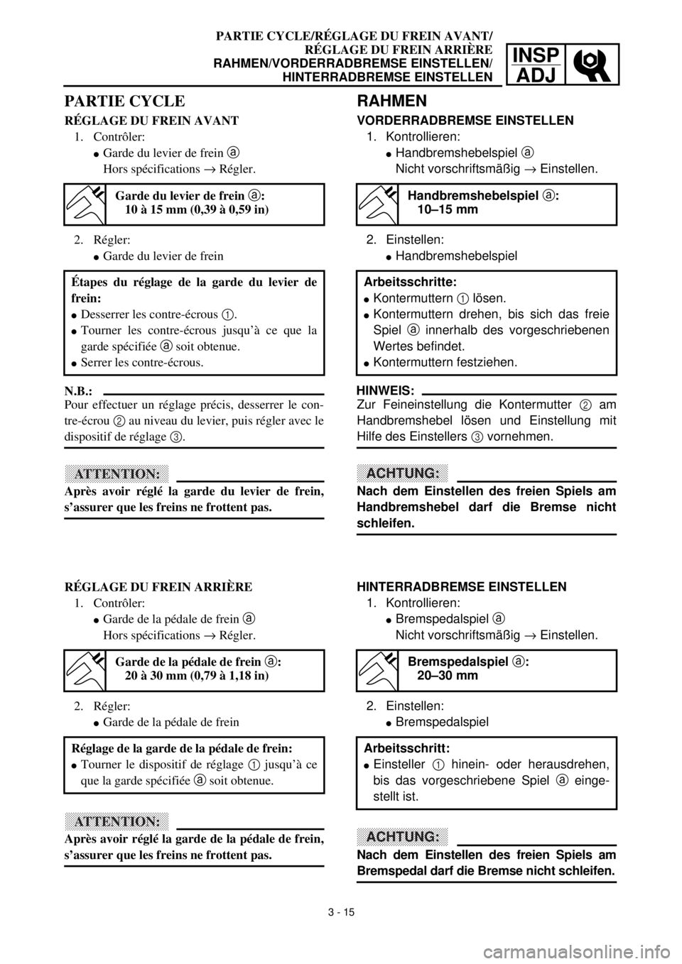 YAMAHA TTR125 2000  Notices Demploi (in French) INSP
ADJ
PARTIE CYCLE/RÉGLAGE DU FREIN AVANT/
RÉGLAGE DU FREIN ARRIÈRE
RAHMEN/VORDERRADBREMSE EINSTELLEN/
HINTERRADBREMSE EINSTELLEN
RAHMEN
VORDERRADBREMSE EINSTELLEN
1. Kontrollieren:
lHandbremshe