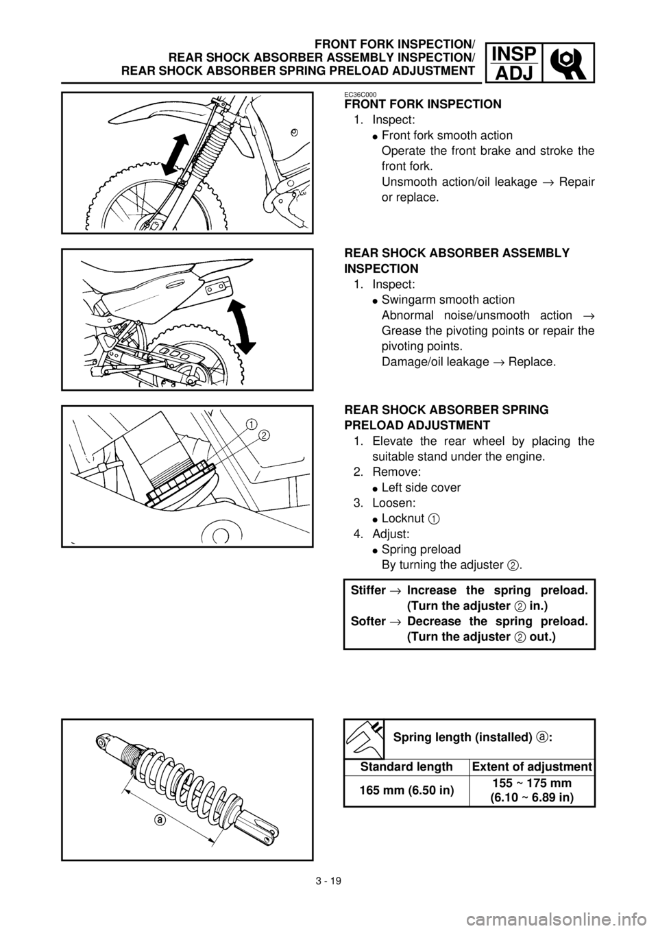 YAMAHA TTR125 2000  Notices Demploi (in French) 3 - 19
INSP
ADJ
FRONT FORK INSPECTION/
REAR SHOCK ABSORBER ASSEMBLY INSPECTION/
REAR SHOCK ABSORBER SPRING PRELOAD ADJUSTMENT
EC36C000
FRONT FORK INSPECTION
1. Inspect:
lFront fork smooth action
Opera