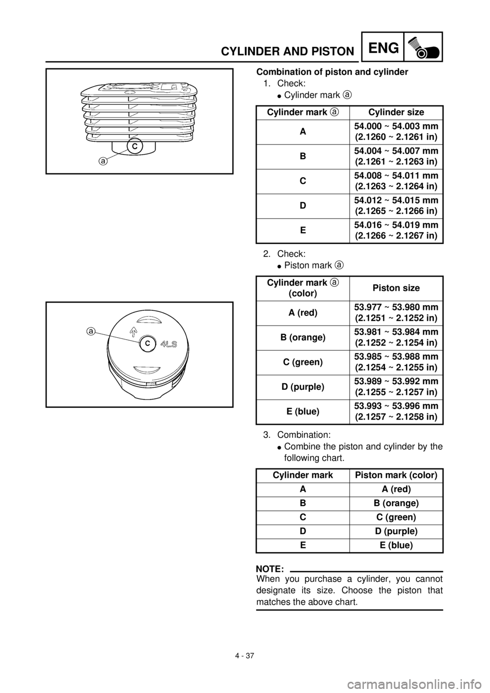 YAMAHA TTR125 2000  Notices Demploi (in French) 4 - 37
ENGCYLINDER AND PISTON
Combination of piston and cylinder
1. Check:
lCylinder mark a 
2. Check:
lPiston mark a 
3. Combination:
lCombine the piston and cylinder by the
following chart.
NOTE:
Wh