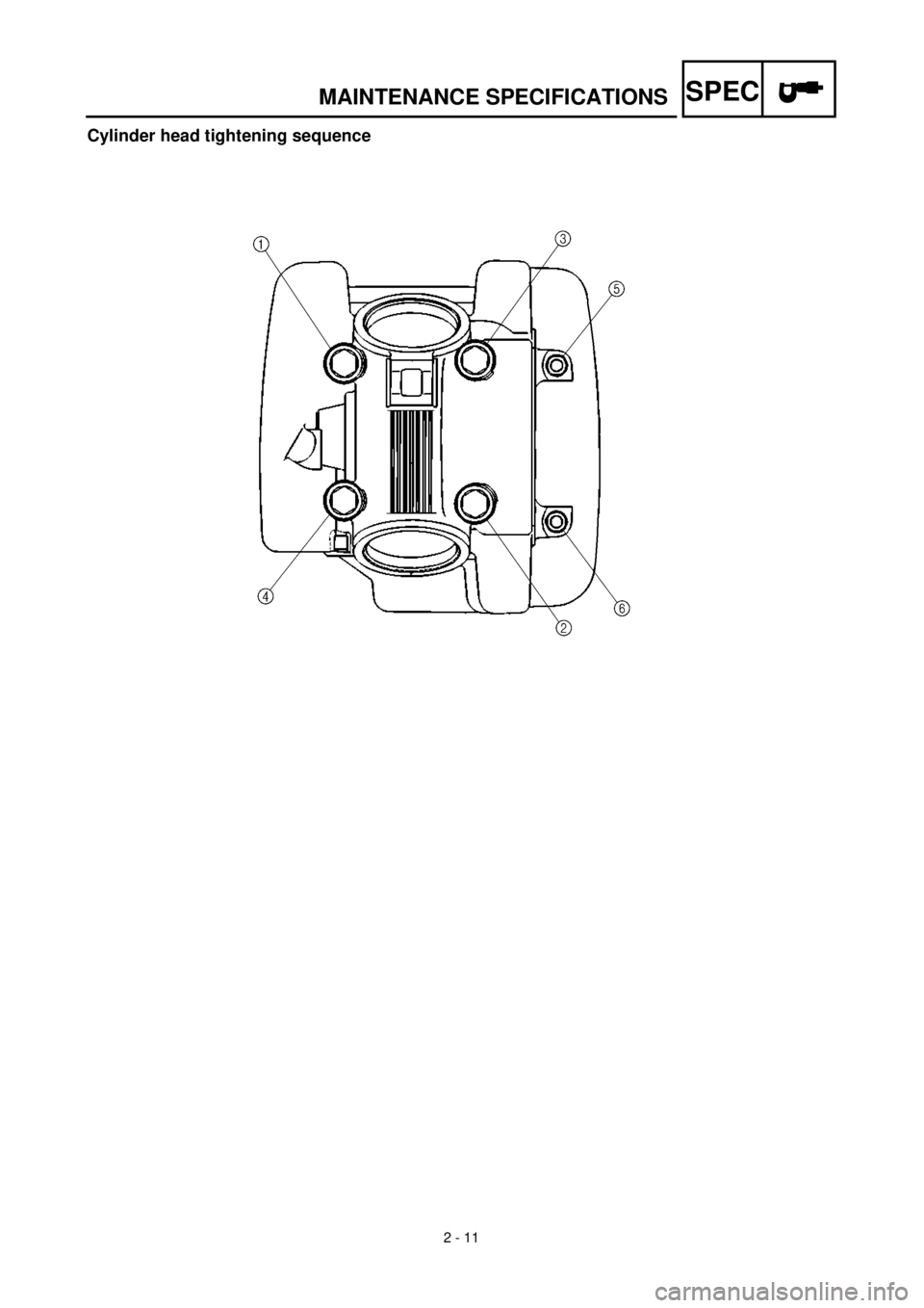 YAMAHA TTR125 2000  Notices Demploi (in French) SPEC
 
2 - 11 
MAINTENANCE SPECIFICATIONS 
Cylinder head tightening sequence 