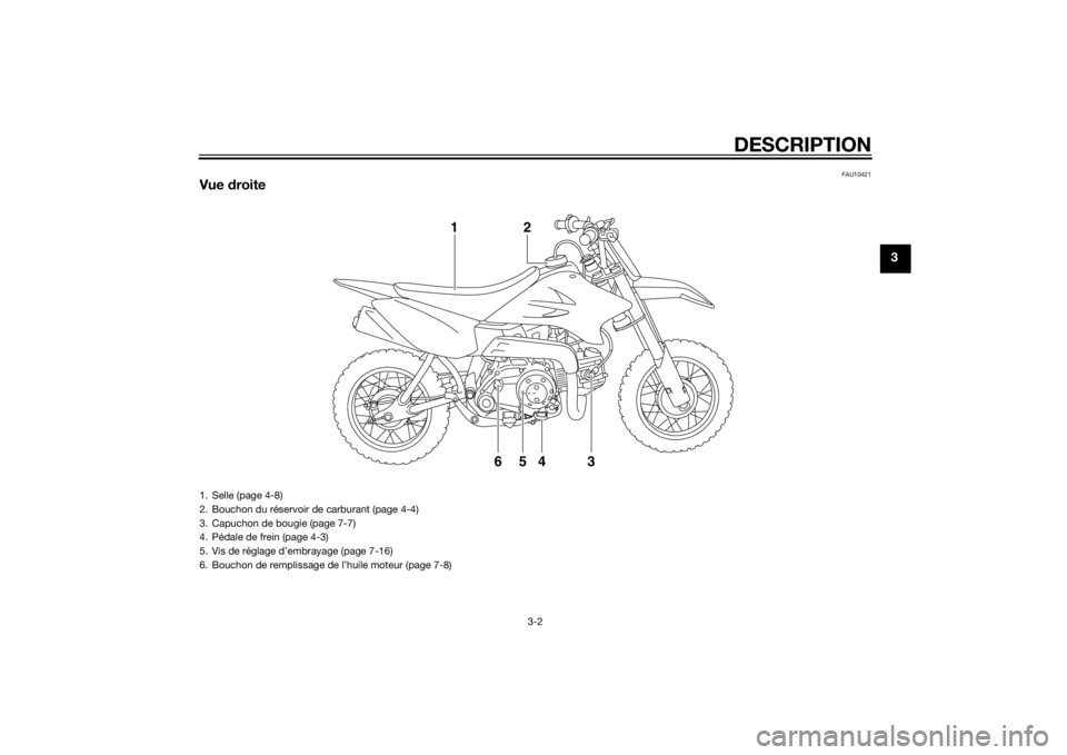YAMAHA TTR50 2015  Notices Demploi (in French) DESCRIPTION
3-2
3
FAU10421
Vue droite
4
65 3 2
1
1. Selle (page 4-8)
2. Bouchon du réservoir de carburant (page 4-4)
3. Capuchon de bougie (page 7-7)
4. Pédale de frein (page 4-3)
5. Vis de réglage