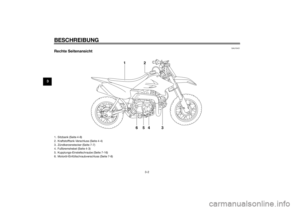 YAMAHA TTR50 2014  Betriebsanleitungen (in German) BESCHREIBUNG
3-2
3
GAU10421
Rechte  Seitenansicht
4
65 3 2
1
1. Sitzbank (Seite 4-8)
2. Kraftstofftank-Verschluss (Seite 4-4)
3. Zündkerzenstecker (Seite 7-7)
4. Fußbremshebel (Seite 4-3)
5. Kupplun