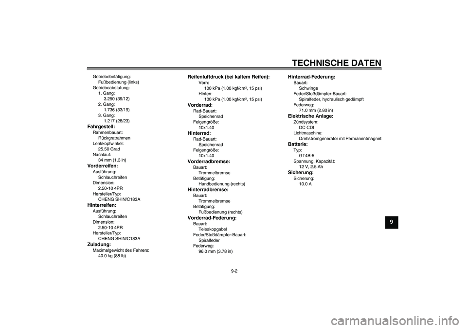 YAMAHA TTR50 2012 Betriebsanleitungen (in German) TECHNISCHE DATEN
9-2
9
Getriebebetätigung:
Fußbedienung (links)
Getriebeabstufung:
1. Gang:
3.250 (39/12)
2. Gang:
1.736 (33/19)
3. Gang:
1.217 (28/23)Fahrgestell:Rahmenbauart:
Rückgratrahmen
Lenkk YAMAHA TTR50 2012 Betriebsanleitungen (in German) TECHNISCHE DATEN
9-2
9
Getriebebetätigung:
Fußbedienung (links)
Getriebeabstufung:
1. Gang:
3.250 (39/12)
2. Gang:
1.736 (33/19)
3. Gang:
1.217 (28/23)Fahrgestell:Rahmenbauart:
Rückgratrahmen
Lenkk