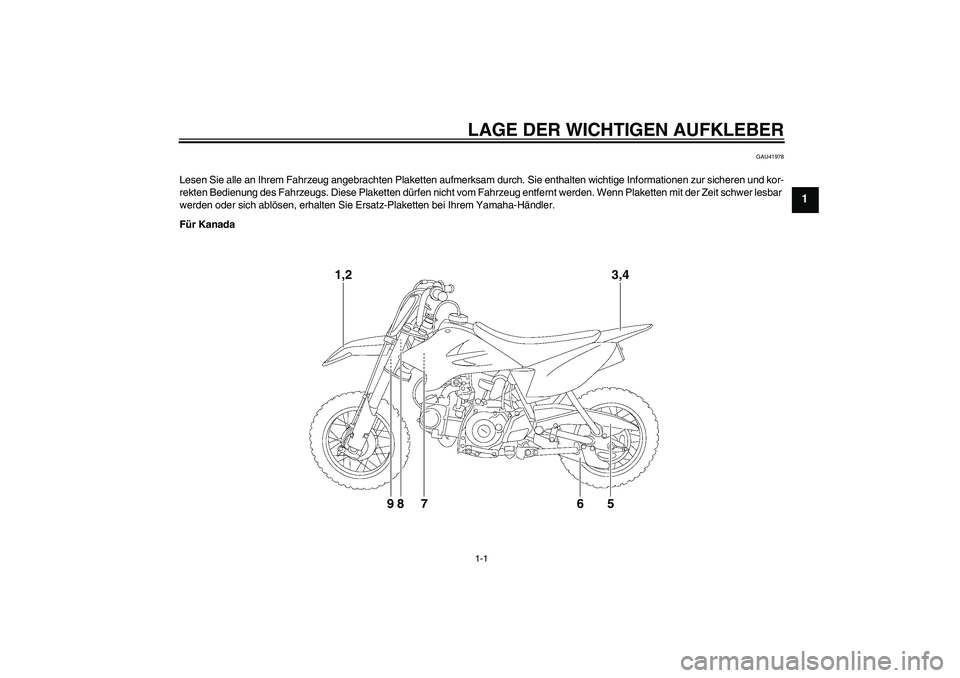 YAMAHA TTR50 2011  Betriebsanleitungen (in German) LAGE DER WICHTIGEN AUFKLEBER1-1
1
GAU41978
Lesen Sie alle an Ihrem Fahrzeug angebrachten Plaketten aufmerksam durch. Sie enthalten wichtige Informationen zur sicheren und kor-
rekten Bedienung des Fah